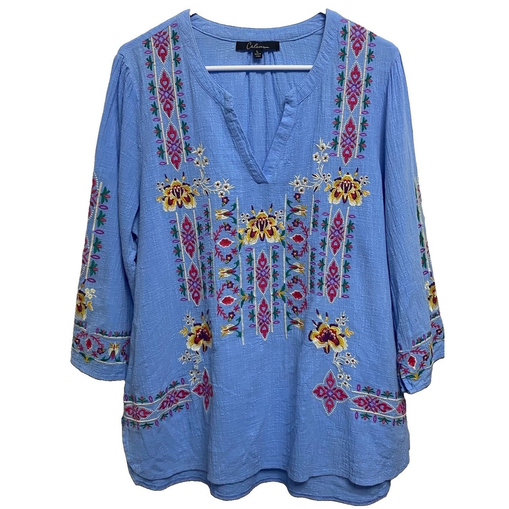 Calessa Women Fully Floral Embroidered Boho Peasant Tunic Top Blue Pink Yellow-L